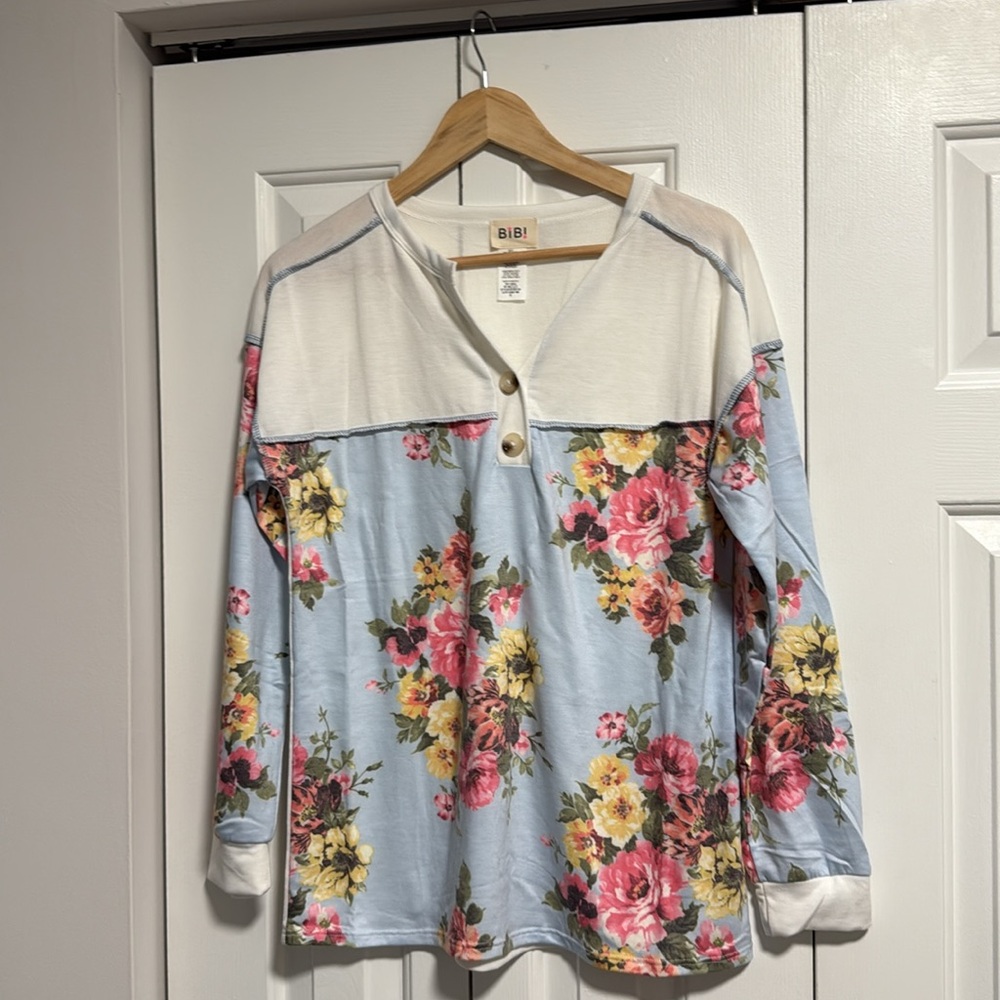 BiBi Blue Floral Henley Top with Cream Yoke